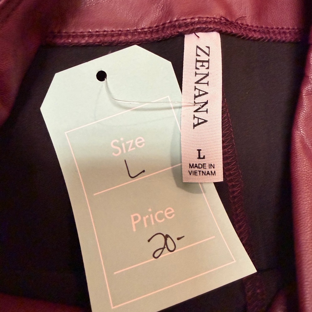 NWT Zenana Burgundy Maroon High Rise Full Length Faux Leather Leggings L - Picture 8 of 10